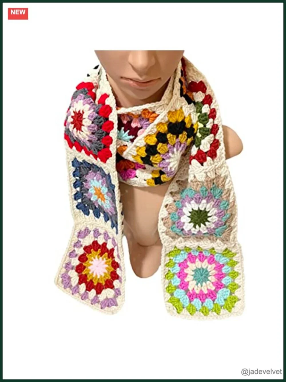 Handmade Crochet Granny Square Scarf - Acrylic Yarn - Boho Cozy Style